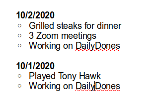 Example of 2 days of Dones